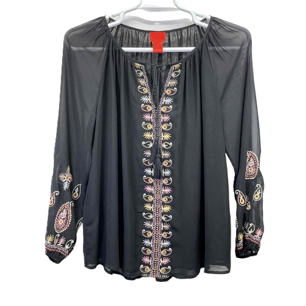 V Cristina Black‎ Sheer Paisley Embroidered Tunic Long Sleeve Top Womens XL